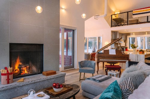 piano and fireplace